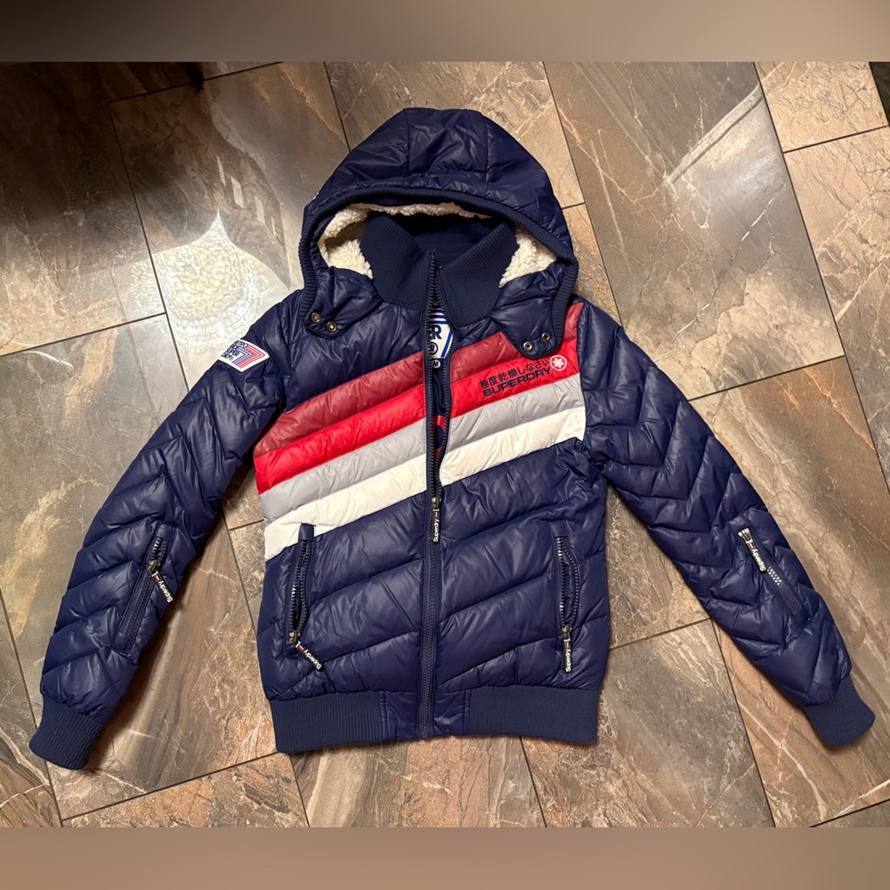 Superdry Hooded Retro Navy Puffer Jacket with Red and Blue Accents